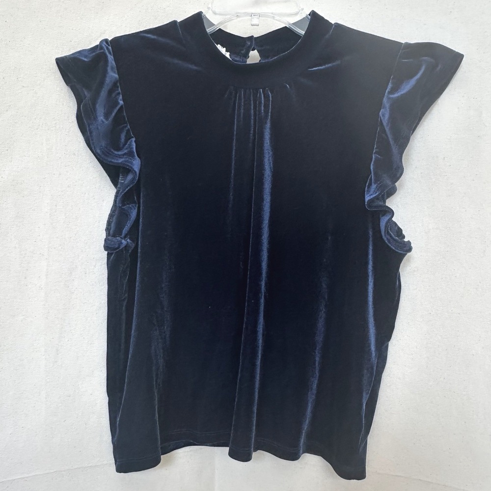 Olive + Oak Whimsy Dark Fairy Navy Blue Velvet Flutter Sleeve Mock Neck Top Sz L